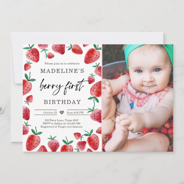Strawberry 1st Birthday Invite First Berry Sweet (Front)
