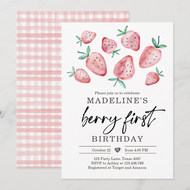 Strawberry 1st Birthday Invite First Berry Sweet (Front/Back)