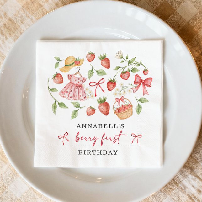 Strawberry 1st Birthday Invite First Berry Sweet Napkin (Creator Uploaded)