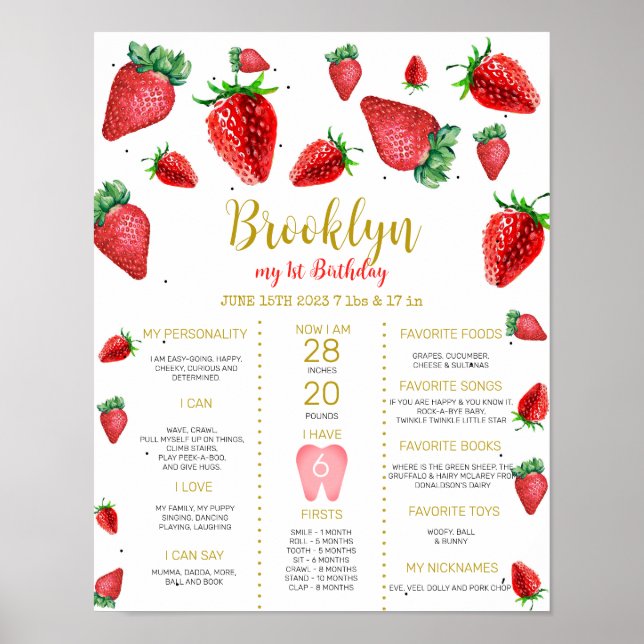 Strawberry 1st Birthday Milestone Poster (Front)