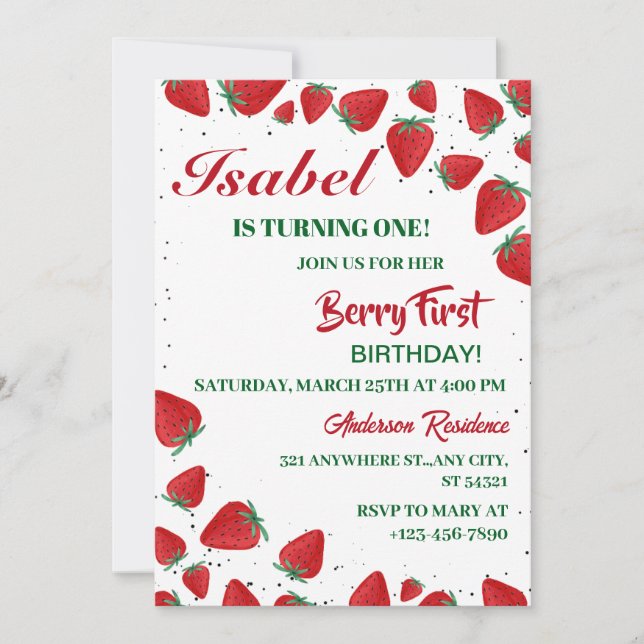 Strawberry 1st Birthday Party Berry First Invitation (Front)