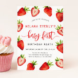 Strawberry 1st Birthday Party | Berry First Invitation<br><div class="desc">Cute girl's 1st birthday party invitation card featuring watercolor illustration of strawberries. The text says "join us to celebrate XX's berry first birthday party."</div>
