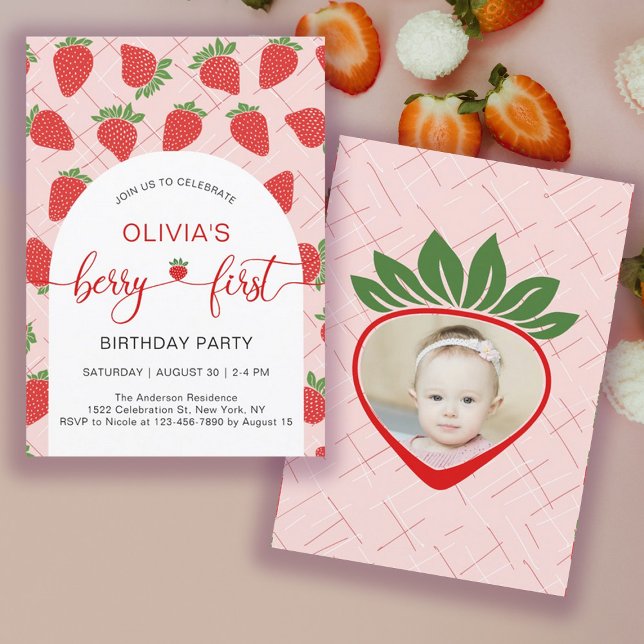 Strawberry 1st Birthday Party Berry First Invitation (Strawberry 1st Birthday Party Berry First Invitation)