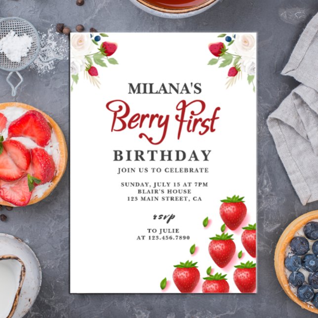 Strawberry 1st Birthday Party | Berry First  Invitation (Berry First Birthday card)