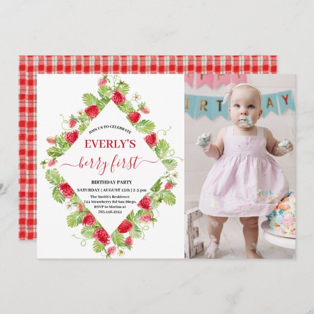 Strawberry 1st Birthday Party  Berry First Photo  Invitation (Front/Back)