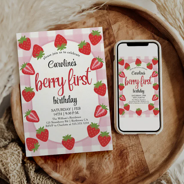 Strawberry 1st Birthday Party Berry First Photo Invitation | Zazzle