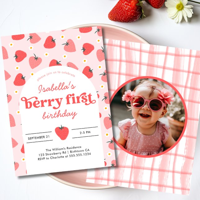Strawberry 1st Birthday Party Berry First Photo  Invitation (Creator Uploaded)
