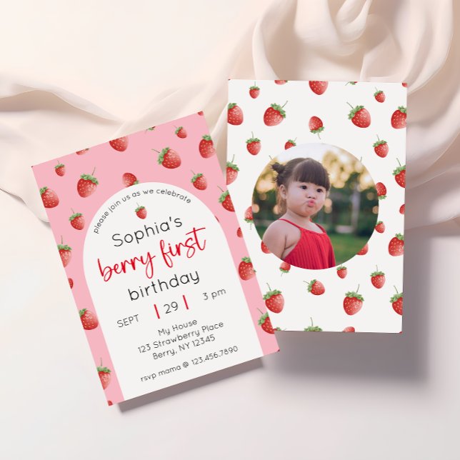 Strawberry 1st Birthday Party Berry First Photo Invitation (Creator Uploaded)