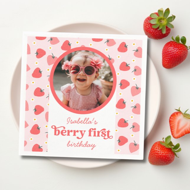 Strawberry 1st Birthday Party Berry First Photo Napkin (berry first birthday party napkins)