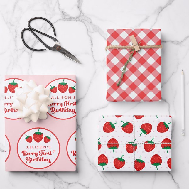 Strawberry 1st Birthday Party Berry First  Wrapping Paper Sheet (Creator Uploaded)