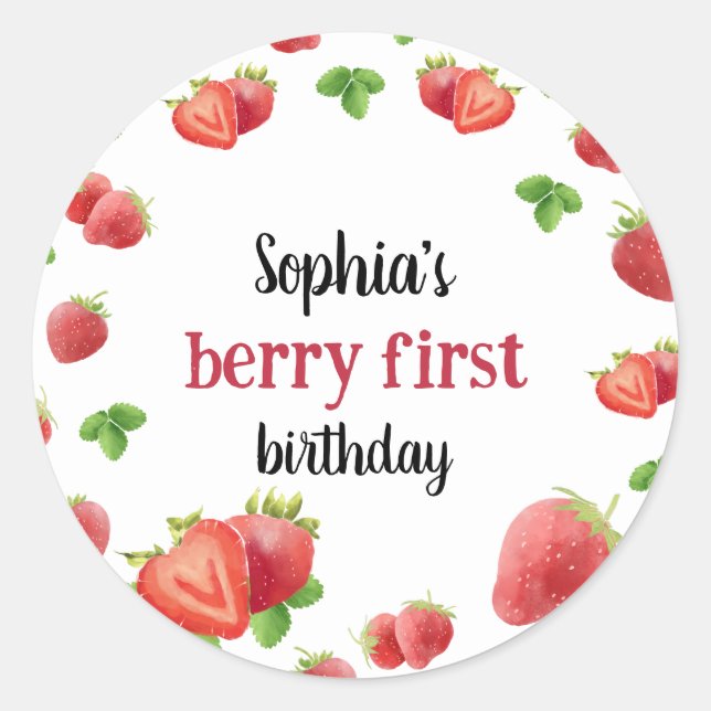 Strawberry 1st Birthday Party Berry Sweet Classic Round Sticker (Front)