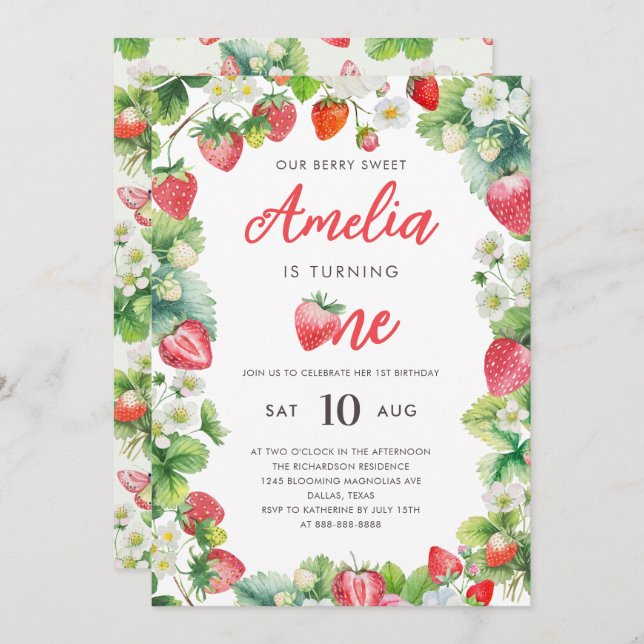 Strawberry 1st Birthday Party Berry Sweet Girl Red Invitation (Front/Back)