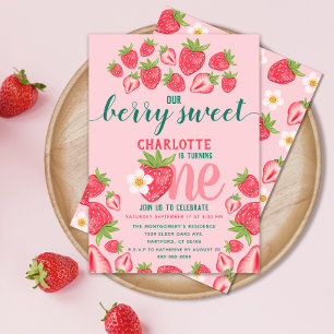 Strawberry 1st Birthday Party Berry Sweet Pink Invitation