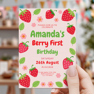 Strawberry 1st Birthday Party, Photo Invitation