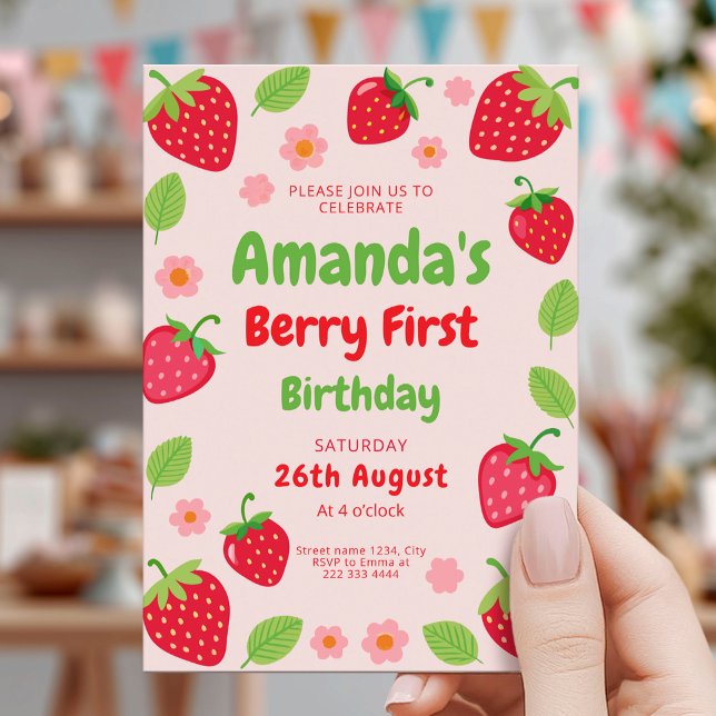 Strawberry 1st Birthday Party, Photo Invitation (Creator Uploaded)