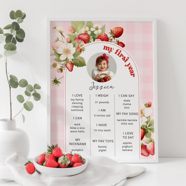Strawberry 1st birthday party photo milestone poster (Creator Uploaded)
