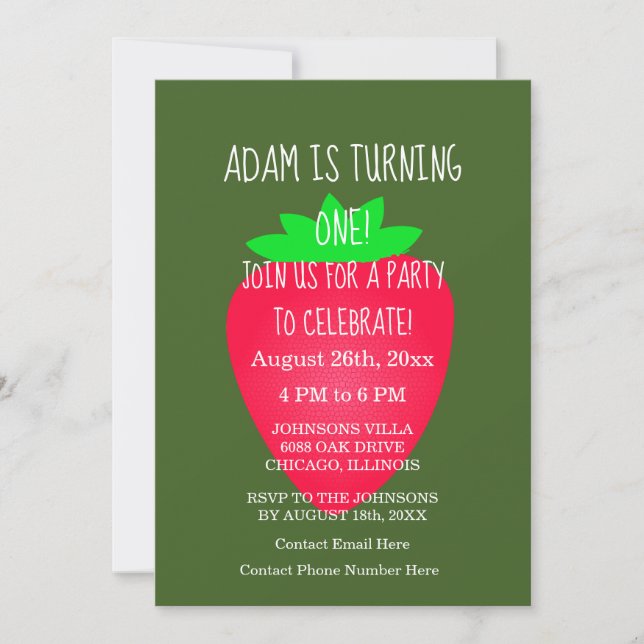 Strawberry 1st Birthday Party Red Green Custom Age Invitation (Front)