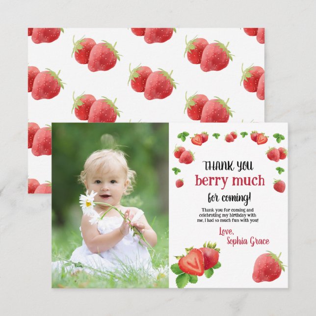 Strawberry 1st Birthday Party Sweet Berry Thank You Card (Front/Back)