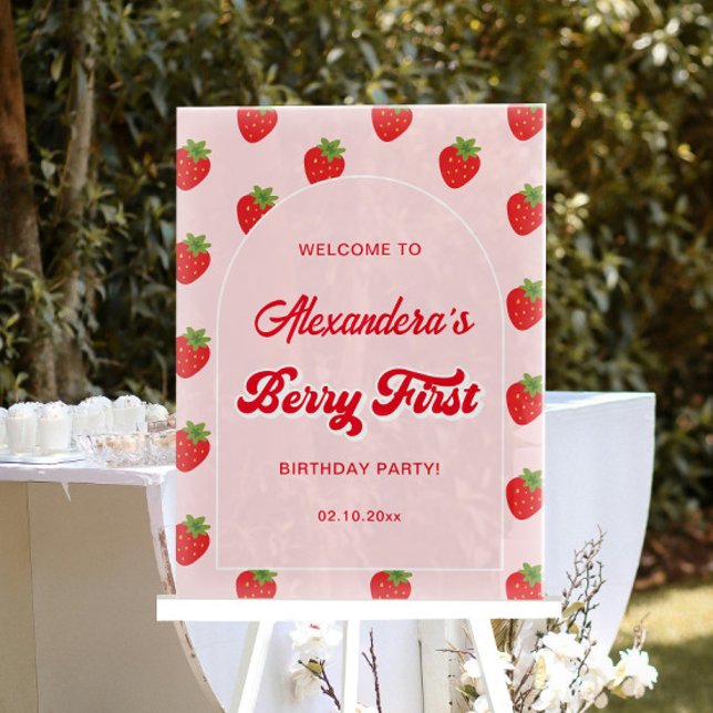 Strawberry 1st Birthday Party Welcome Acrylic Sign (Creator Uploaded)