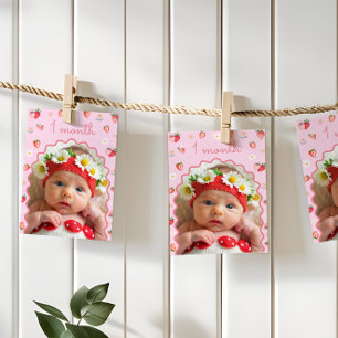 Strawberry 1st Birthday Photo Milestone Banner  Invitation