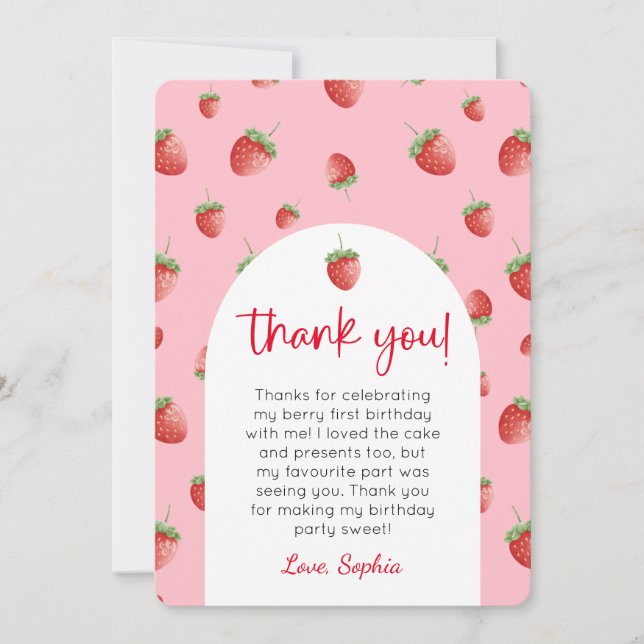 Strawberry 1st Birthday Photo Thank You Card (Front)