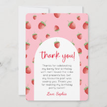 Strawberry 1st Birthday Photo Thank You Card
