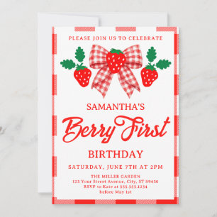 Strawberry 1st Birthday Red Gingham Bow Invitation