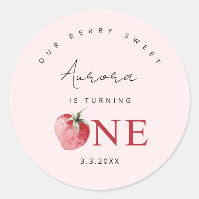 Strawberry 1st birthday sticker. Berry first Classic Round Sticker (Front)