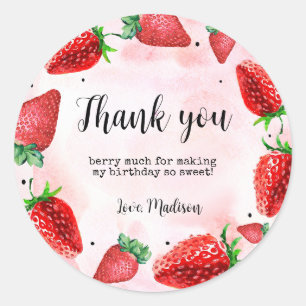 Strawberry 1st Birthday Thank You Favour Classic Round Sticker