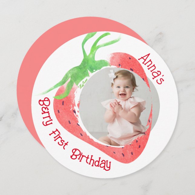 Strawberry 1st Cute Berry Birthday Photo Invitation (Front/Back)