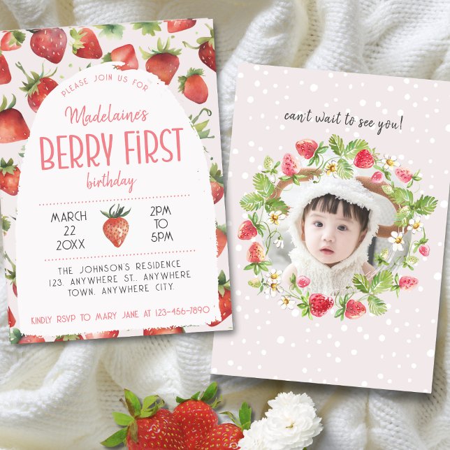 Strawberry 1st Photo Berry First Birthday Invitation (Creator Uploaded)