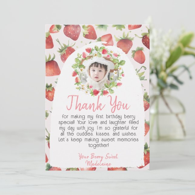 Strawberry 1st Photo Berry First Birthday   Thank You Card (Standing Front)
