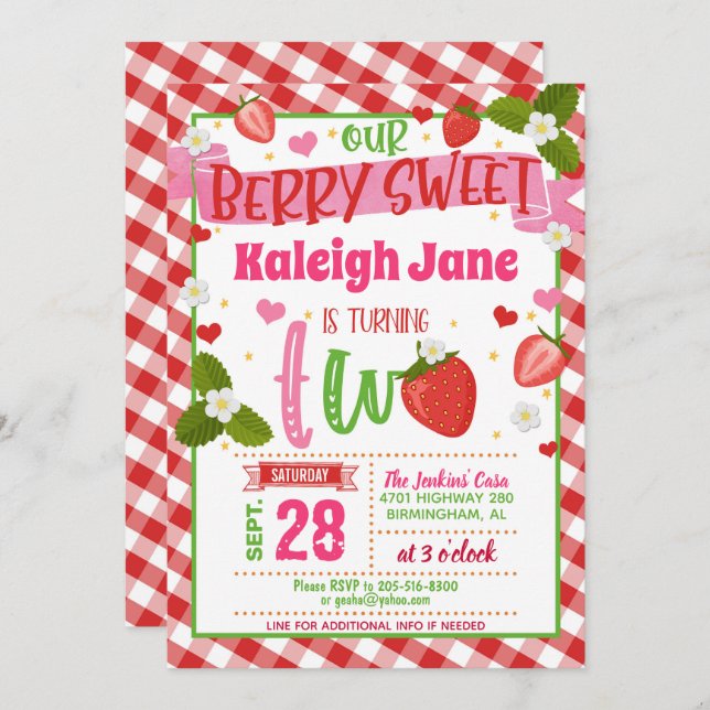 Strawberry 2nd Birthday Invitation - Gingham (Front/Back)
