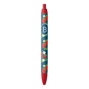 Strawberry and Flower Blue Pattern Monogrammed Black Ink Pen