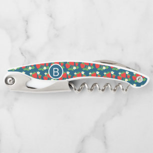 Strawberry and Flower Blue Pattern Monogrammed Corkscrew