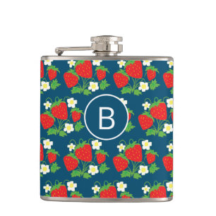 Strawberry and Flower Blue Pattern Monogrammed Hip Flask