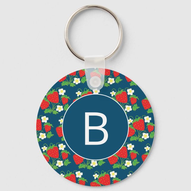 Strawberry and Flower Blue Pattern Monogrammed Key Ring (Front)