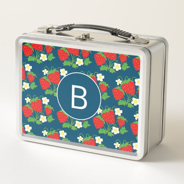 Strawberry and Flower Blue Pattern Monogrammed Metal Lunch Box (Front)