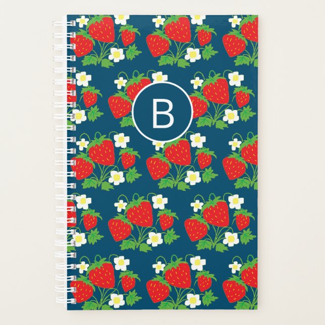 Strawberry and Flower Blue Pattern Monogrammed Planner (Front)