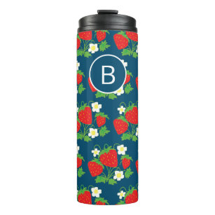 Strawberry and Flower Blue Pattern Monogrammed Thermal Tumbler