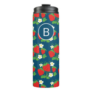 Strawberry and Flower Blue Pattern Monogrammed Thermal Tumbler
