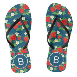 Strawberry and Flower Blue Pattern Monogrammed Thongs
