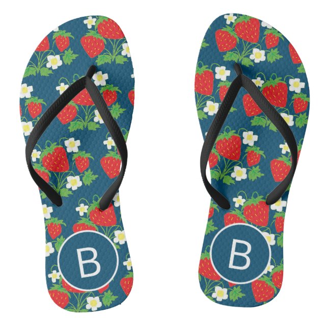 Strawberry and Flower Blue Pattern Monogrammed Thongs (Footbed)