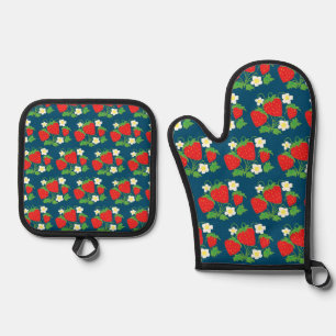 Strawberry and Flower Blue Pattern Oven Mitt & Pot Holder Set