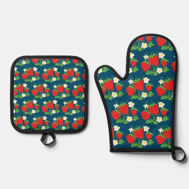 Strawberry and Flower Blue Pattern Oven Mitt & Pot Holder Set (Front)