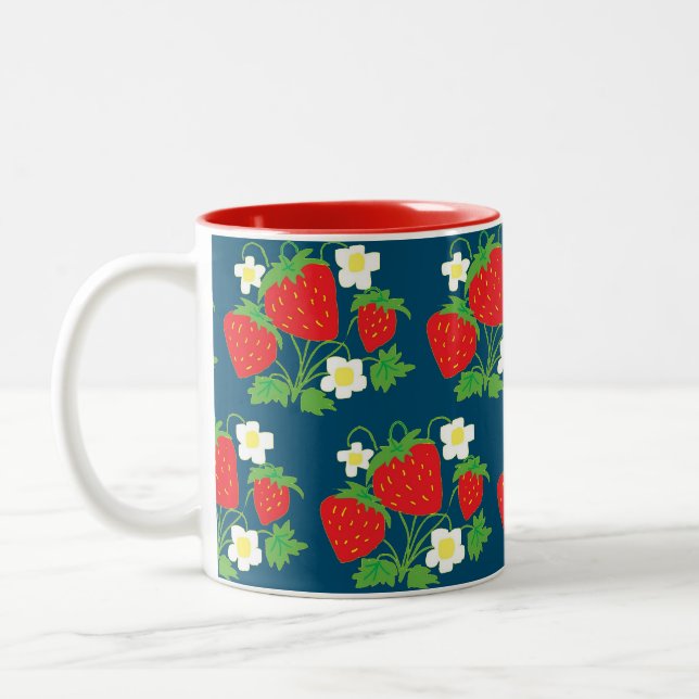 Strawberry and Flower Blue Pattern Two-Tone Coffee Mug (Left)
