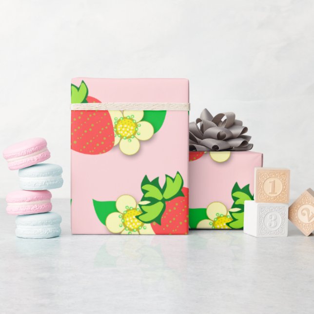 Strawberry and Flower Pink wrapping paper print (Baby Shower)