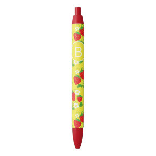 Strawberry and Flower Yellow Pattern Monogrammed Black Ink Pen