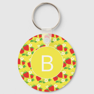 Strawberry and Flower Yellow Pattern Monogrammed Key Ring
