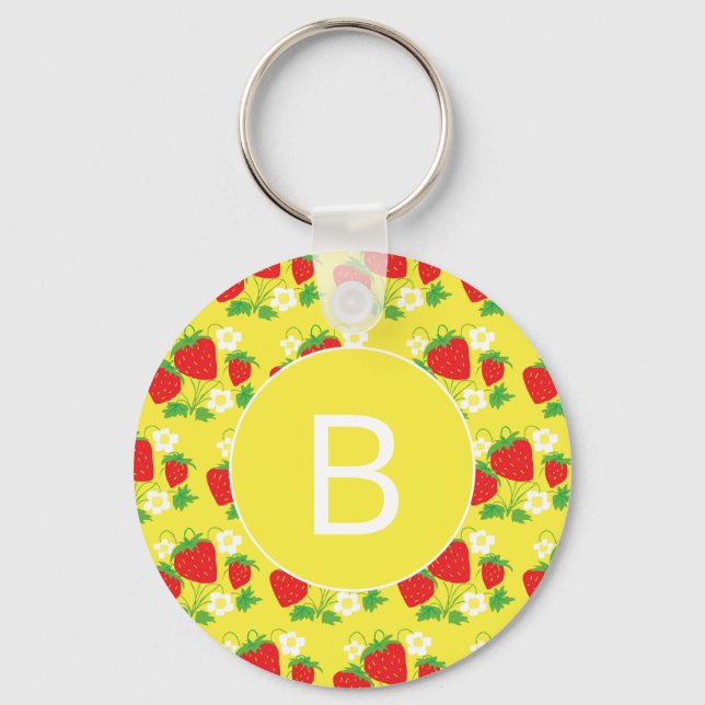Strawberry and Flower Yellow Pattern Monogrammed Key Ring (Front)